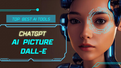 未来的なテーマのアイキャッチ画像。女性のアンドロイドの顔のクローズアップで、右目にはサイバネティックなディテールがある。背景には「TOP BEST AI TOOLS」というテキストがあり、その下には「CHATGPT」「AI PICTURE」「DALL-E」というキーワードがネオンスタイルのフォントで表示されている。