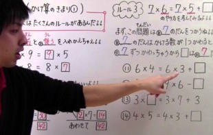 授業風景: とある男が授業をしてみた葉一さんが小学3年生向けに掛け算のルールをわかりやすく解説する様子。 とある男が授業をしてみた葉一さんががホワイトボードに書かれた算数の問題を指さしながら解説している画像。ボードには、「かけ算のきまり」と題された様々な九九の問題が書かれており、一部の問題には解答のための空欄があります。